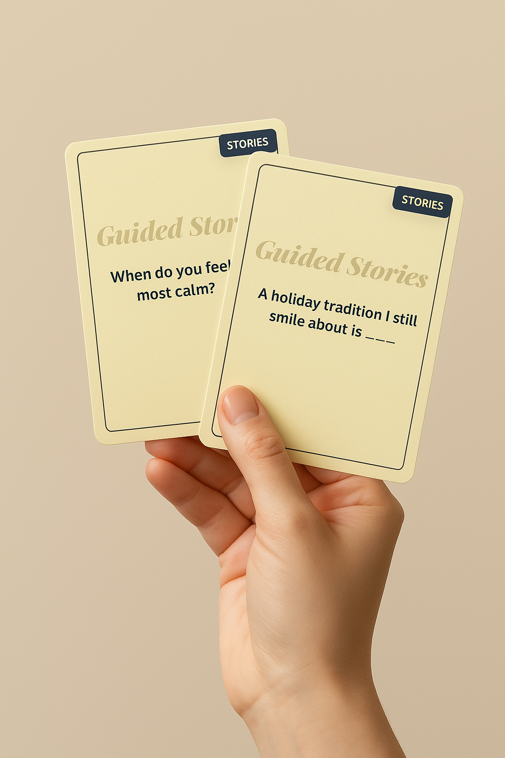 Hands holding AfterLyfe Guided Stories conversation cards